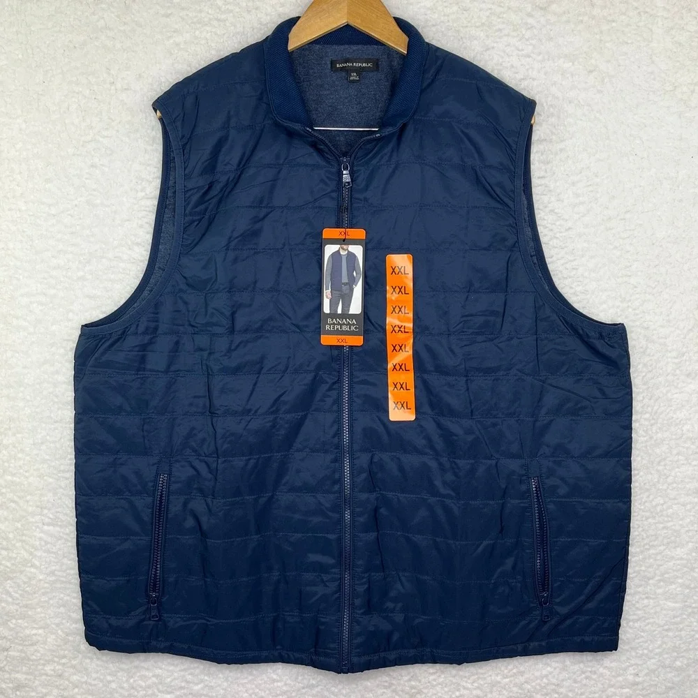 Banana Republic Mens XXL Quilted Puffer Vest Navy Blue Full Zip Mock Neck